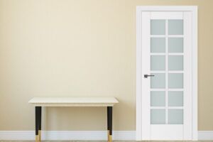 Nova French Triplex Series Interior Doors in soft white finish with frosted triplex glass panels, showcasing modern design and craftsmanship.